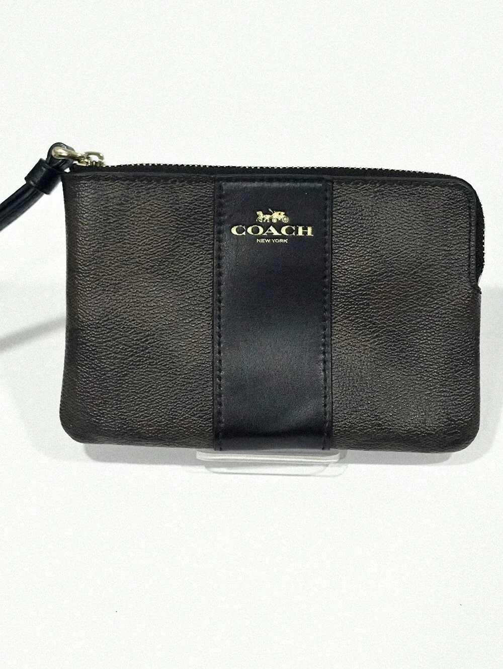 Coach F58035 Signature Canvas Brown Black Corner Zip Wristlet